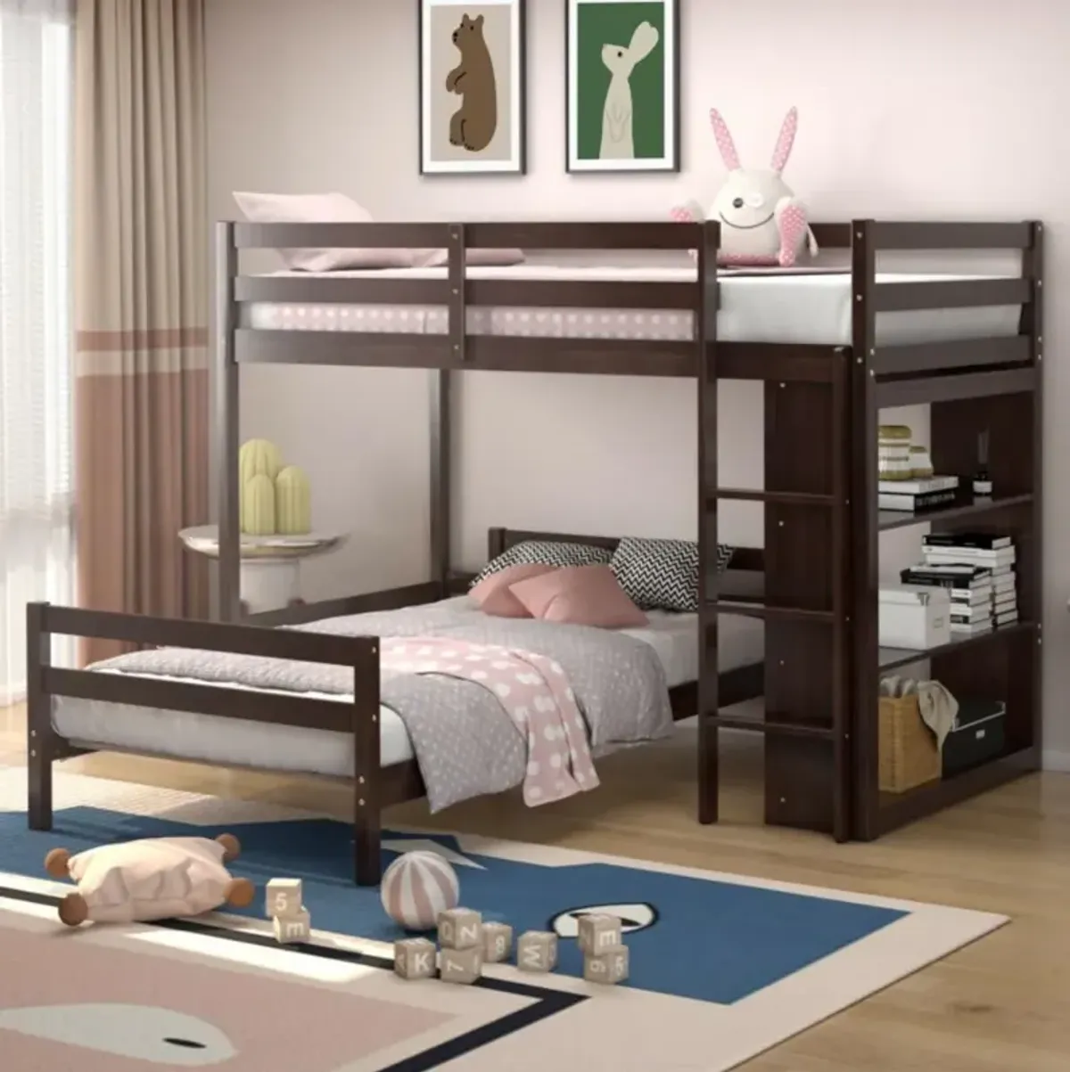 Hivvago Twin Over Twin Loft Bunk Bed with 3-Tier Bookcase