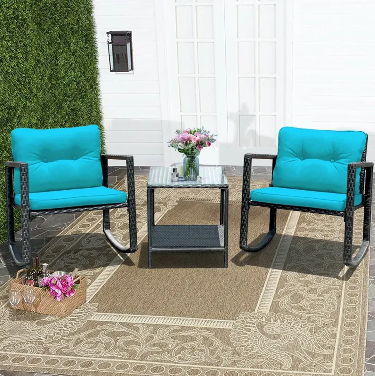 3 Pcs Wicker Rocking Bistro Set with Glass Coffee Table and Storage Shelf