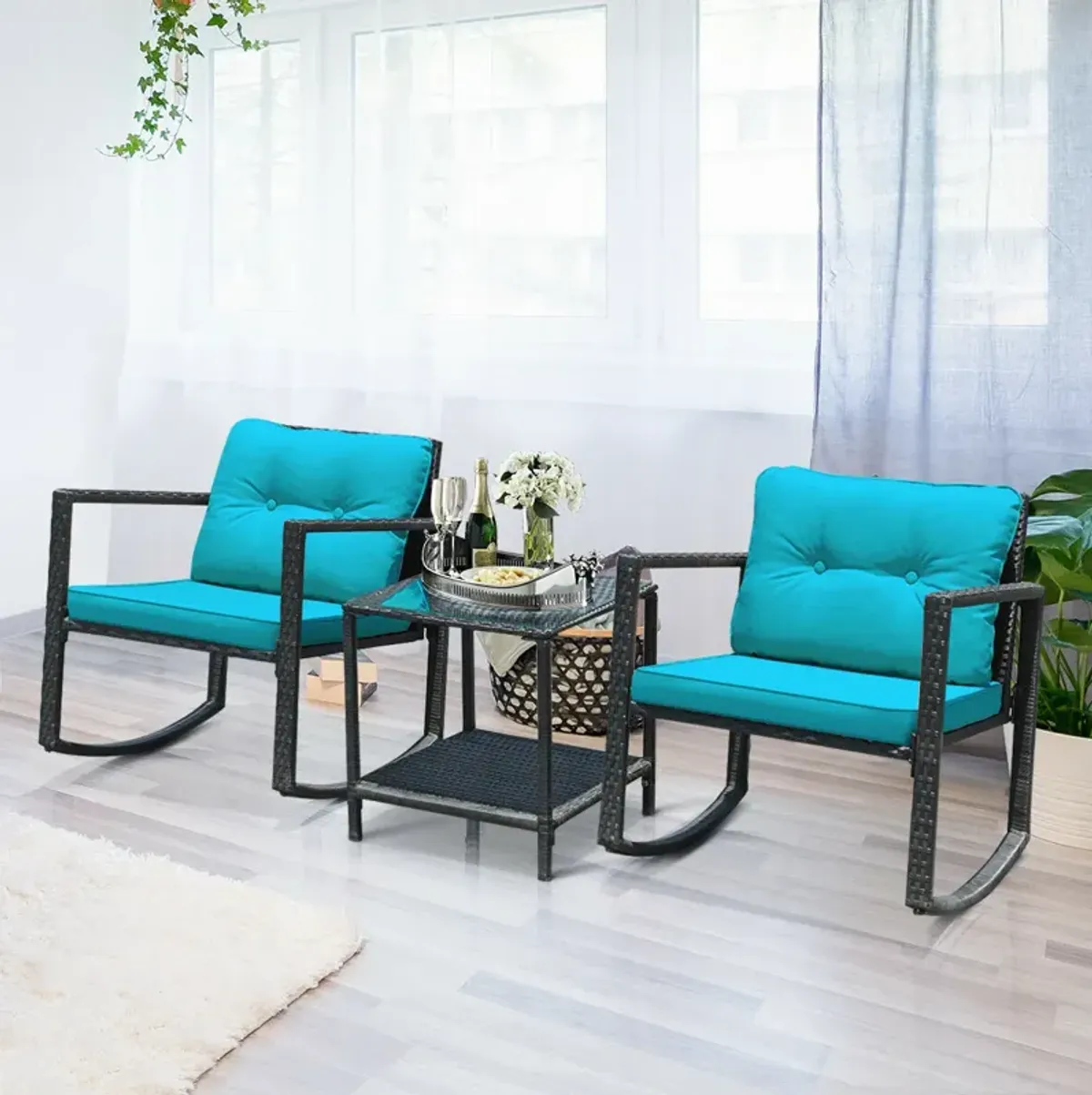 3 Pcs Wicker Rocking Bistro Set with Glass Coffee Table and Storage Shelf