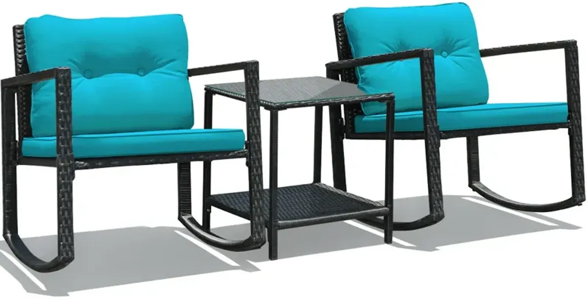 3 Pcs Wicker Rocking Bistro Set with Glass Coffee Table and Storage Shelf