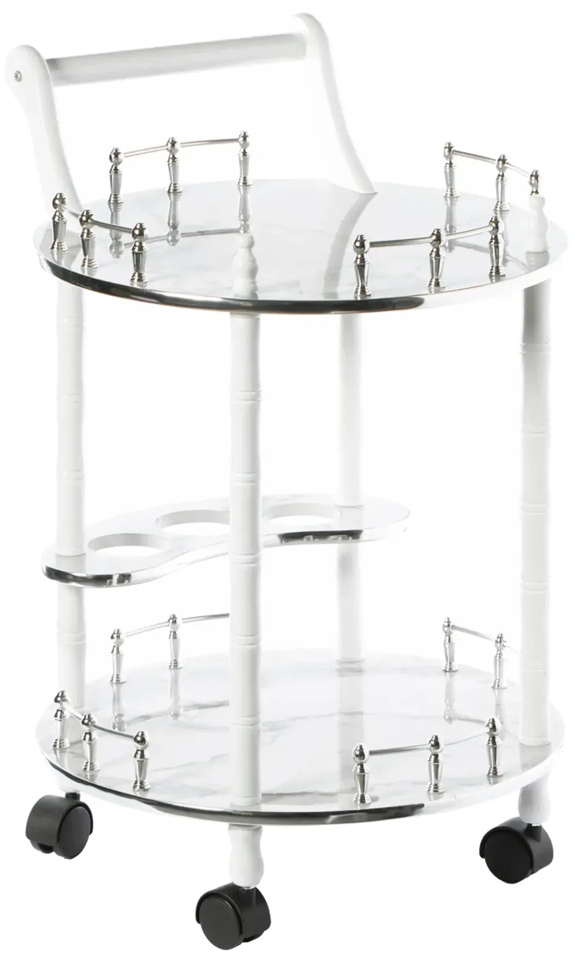 Round Wood Serving Bar Cart Tea Trolley with 2 Tier Shelves and Rolling Wheels, Silver, White and Gray