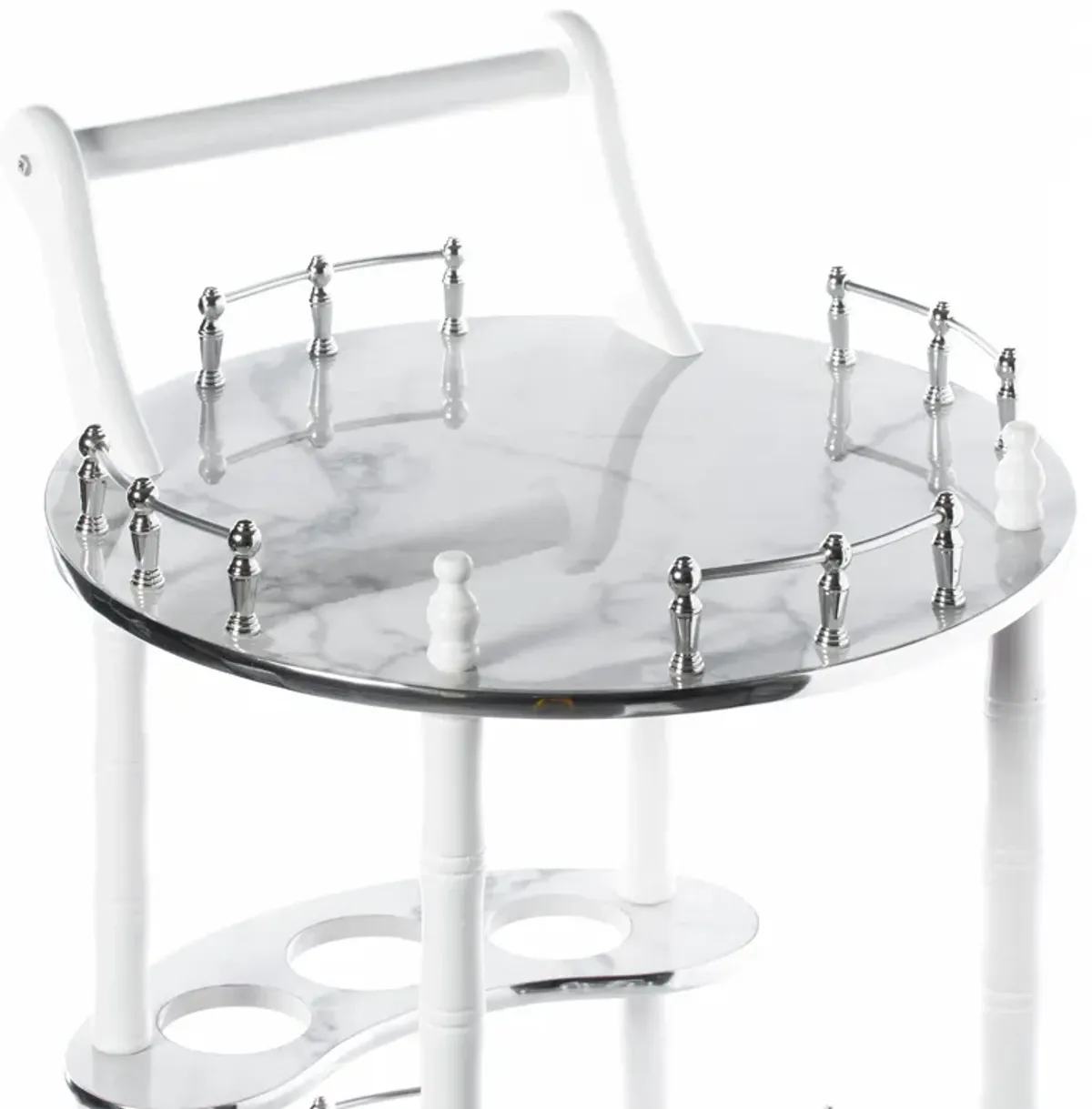 Round Wood Serving Bar Cart Tea Trolley with 2 Tier Shelves and Rolling Wheels, Silver, White and Gray