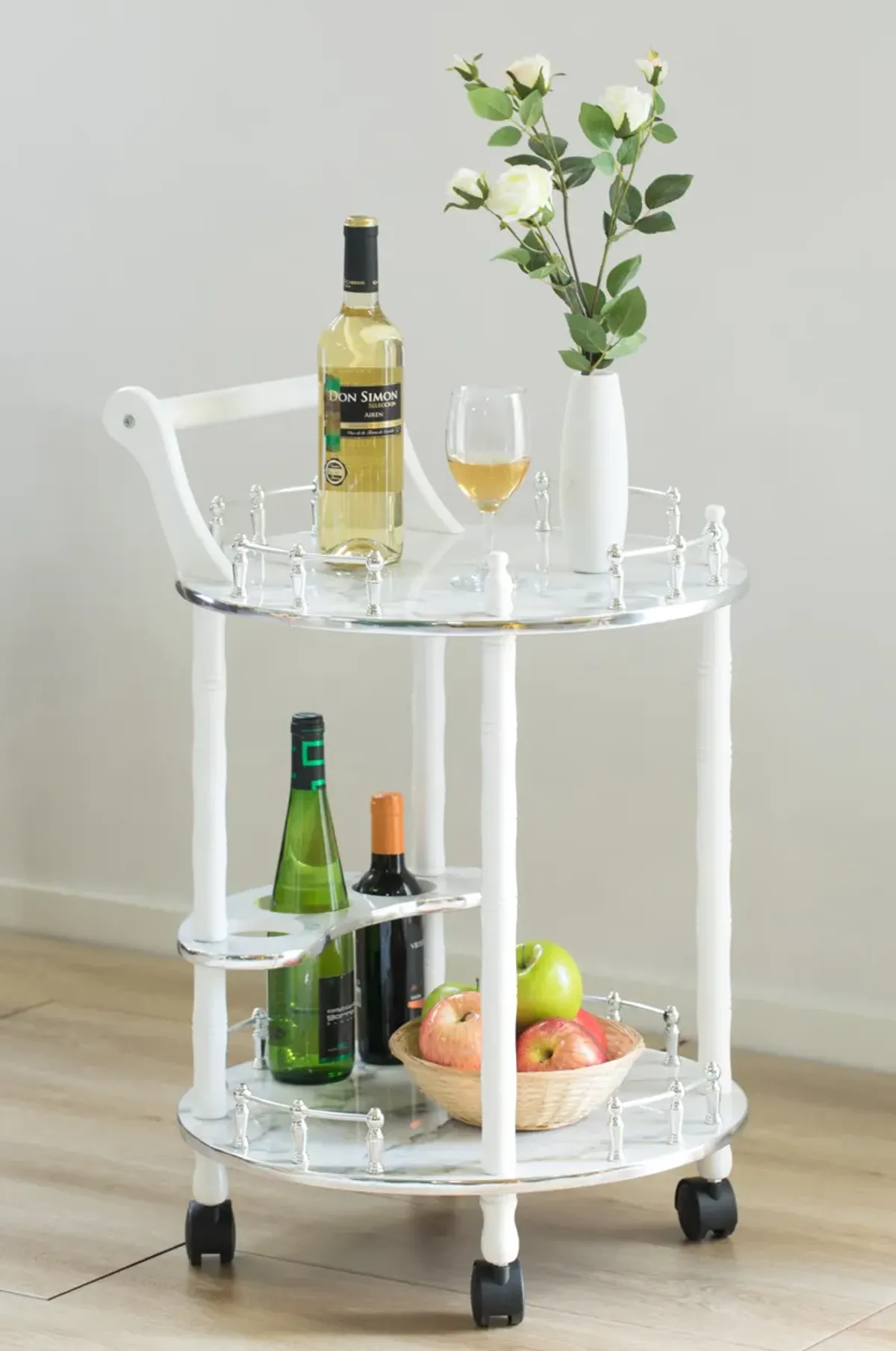 Round Wood Serving Bar Cart Tea Trolley with 2 Tier Shelves and Rolling Wheels, Silver, White and Gray