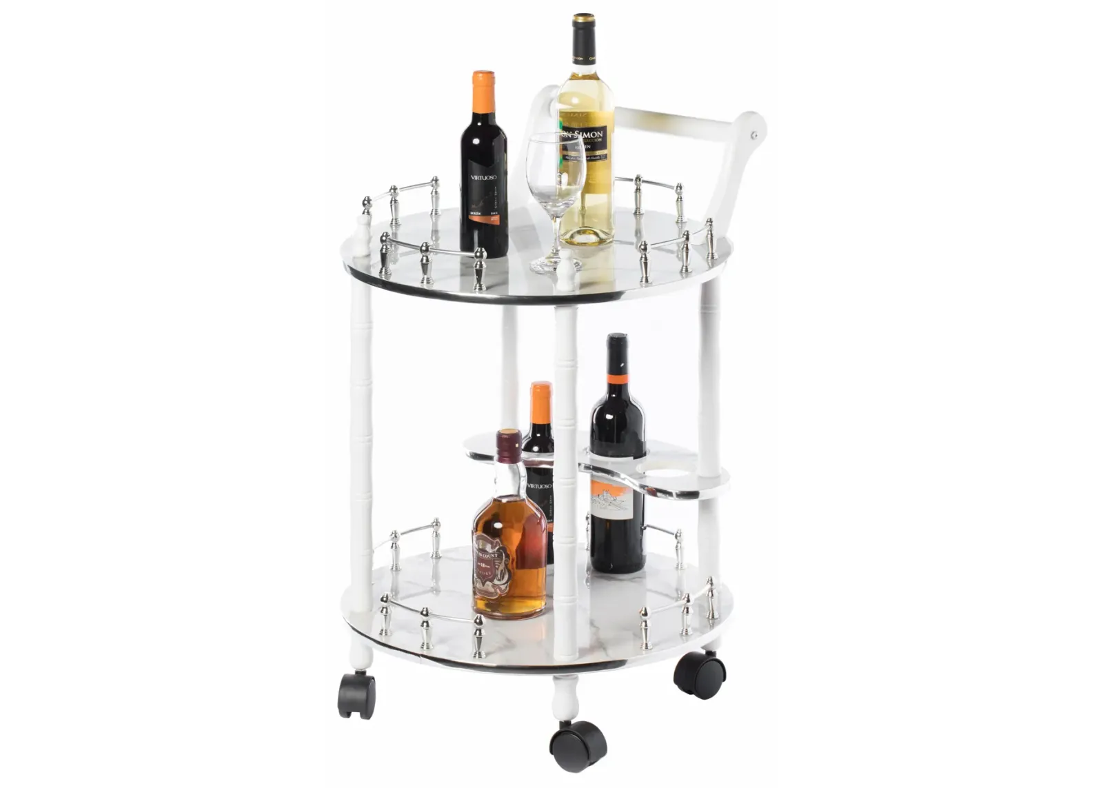 Round Wood Serving Bar Cart Tea Trolley with 2 Tier Shelves and Rolling Wheels, Silver, White and Gray