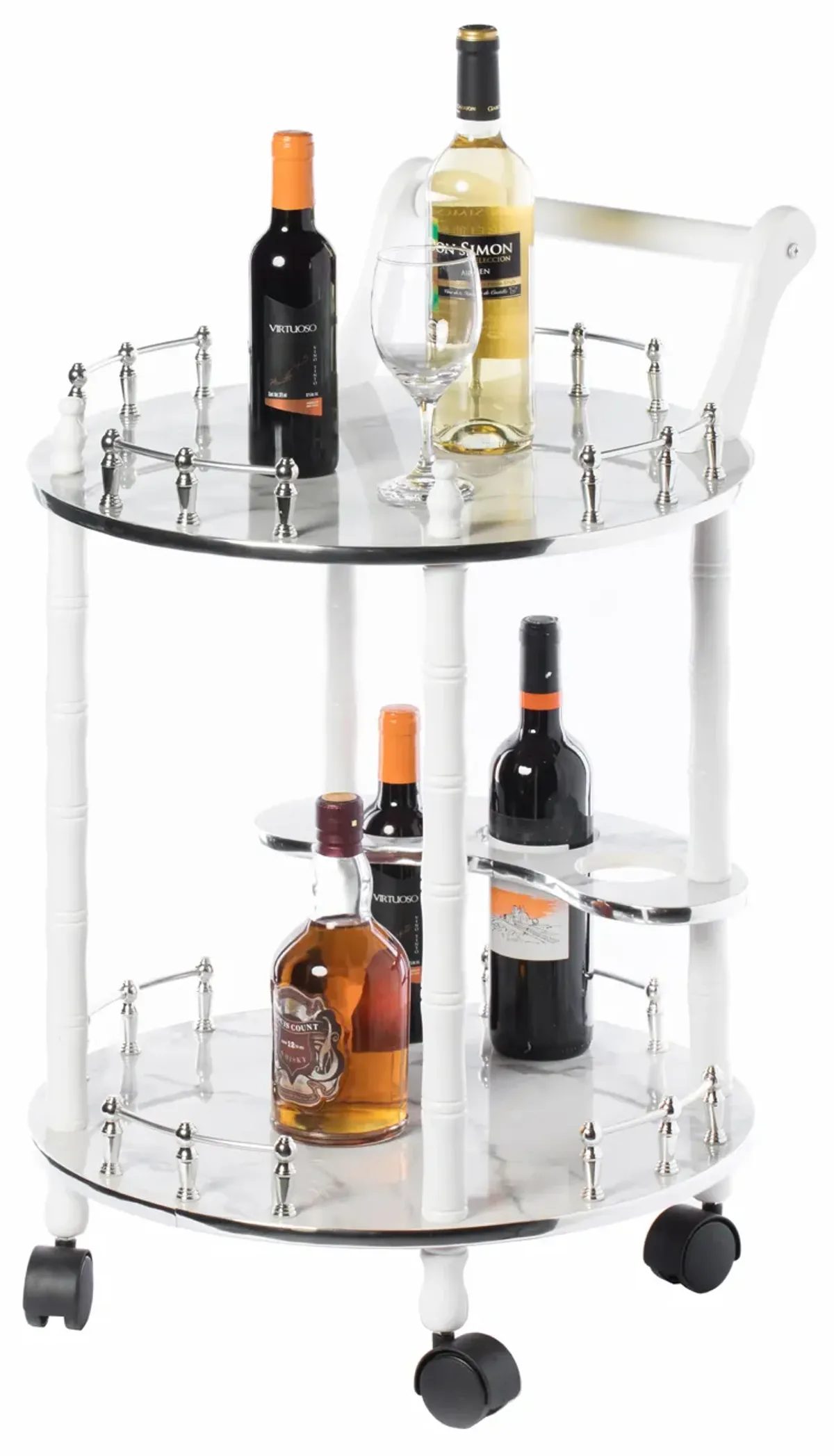 Round Wood Serving Bar Cart Tea Trolley with 2 Tier Shelves and Rolling Wheels, Silver, White and Gray