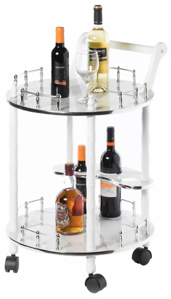 Round Wood Serving Bar Cart Tea Trolley with 2 Tier Shelves and Rolling Wheels, Silver, White and Gray