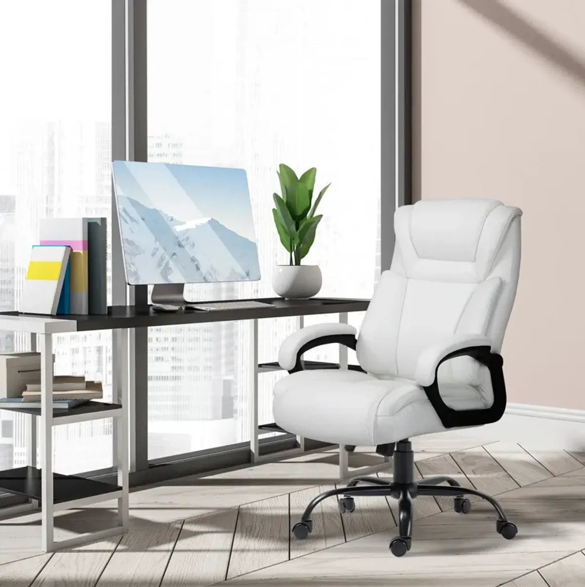 White Executive Giant: 400lbs Big Tall Faux Leather Swivel Office Chair