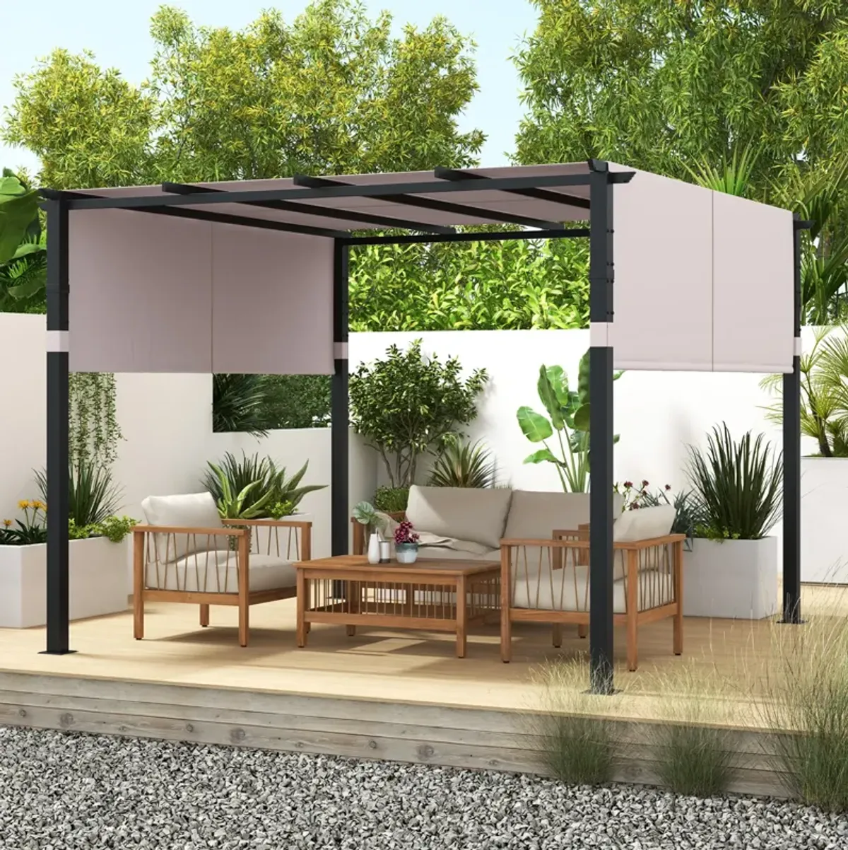 Top Pergola with Retractable Canopy for Garden Pool Porch and Backyard