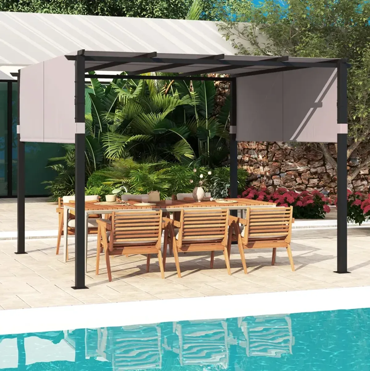 Top Pergola with Retractable Canopy for Garden Pool Porch and Backyard