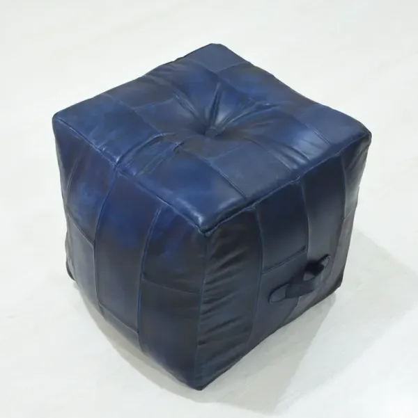 Geometric Handmade Leather Square Pouf 18"x18"x18" (Recycled Foam with Fibre Fill) Vintage Blue Color MABBBACPF25 BBH Homes