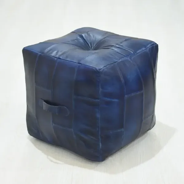 Geometric Handmade Leather Square Pouf 18"x18"x18" (Recycled Foam with Fibre Fill) Vintage Blue Color MABBBACPF25 BBH Homes