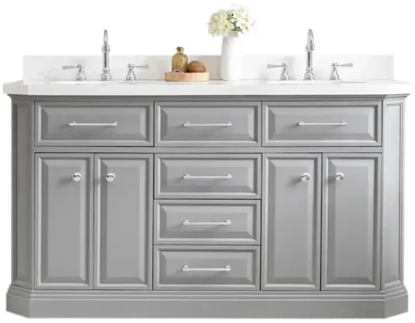 Palace 60 In. Double Sink Carrara Quartz Countertop Bath Vanity in Cashmere Grey with Chrome Hardware and Hook Faucets