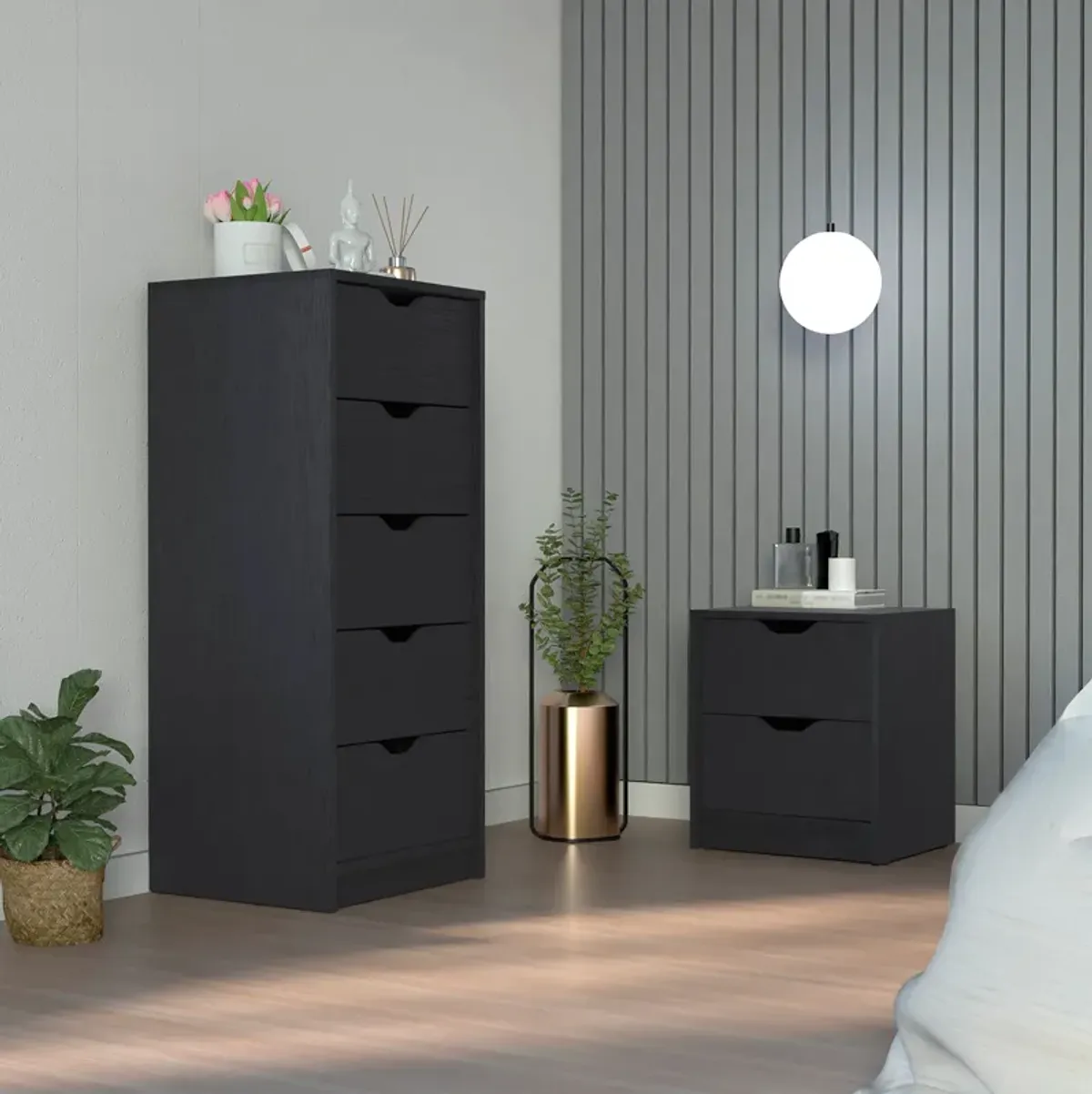 Raymer 2 Piece Bedroom Set, Nightstand + Dresser, Black