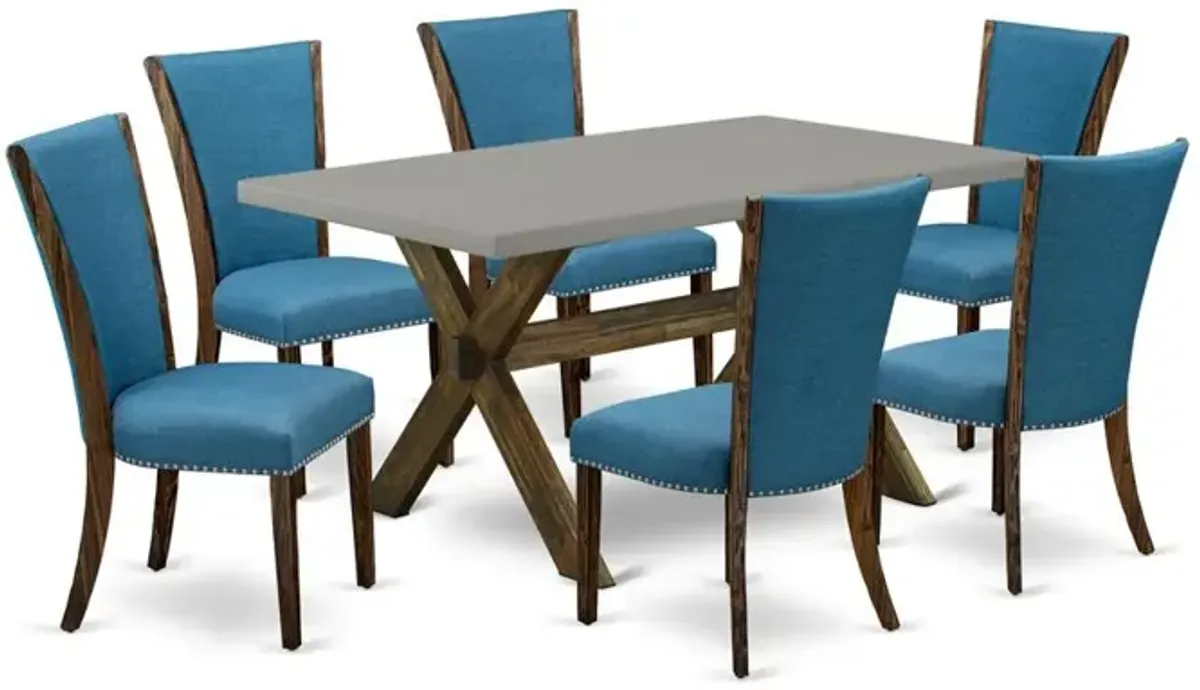 East West Furniture X796VE721-7 7Pc Dinette Sets for Small Spaces Offers a Dining Room Table and 6 Parsons Dining Chairs with Blue Color Linen Fabric, Distressed Jacobean and Cement Finish