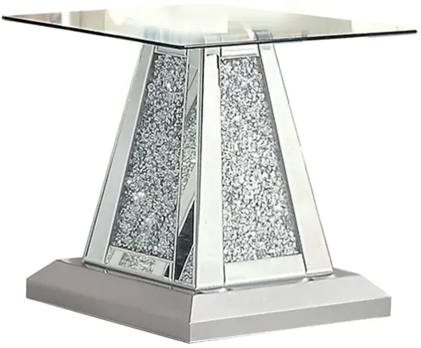 Benjara Rigo 24 Inch End Table, Glass Top, Pedestal, Silver Acrylic Accents