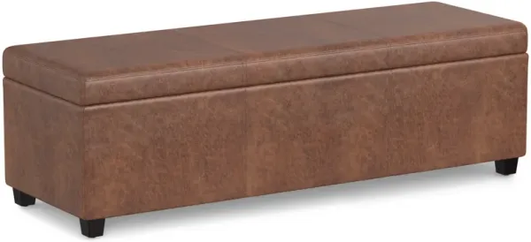 Avalon 54 inch Wide Contemporary Rectangle Extra Large Storage Ottoman Bench in Distressed Saddle Brown Vegan Faux Leather, Assembled
