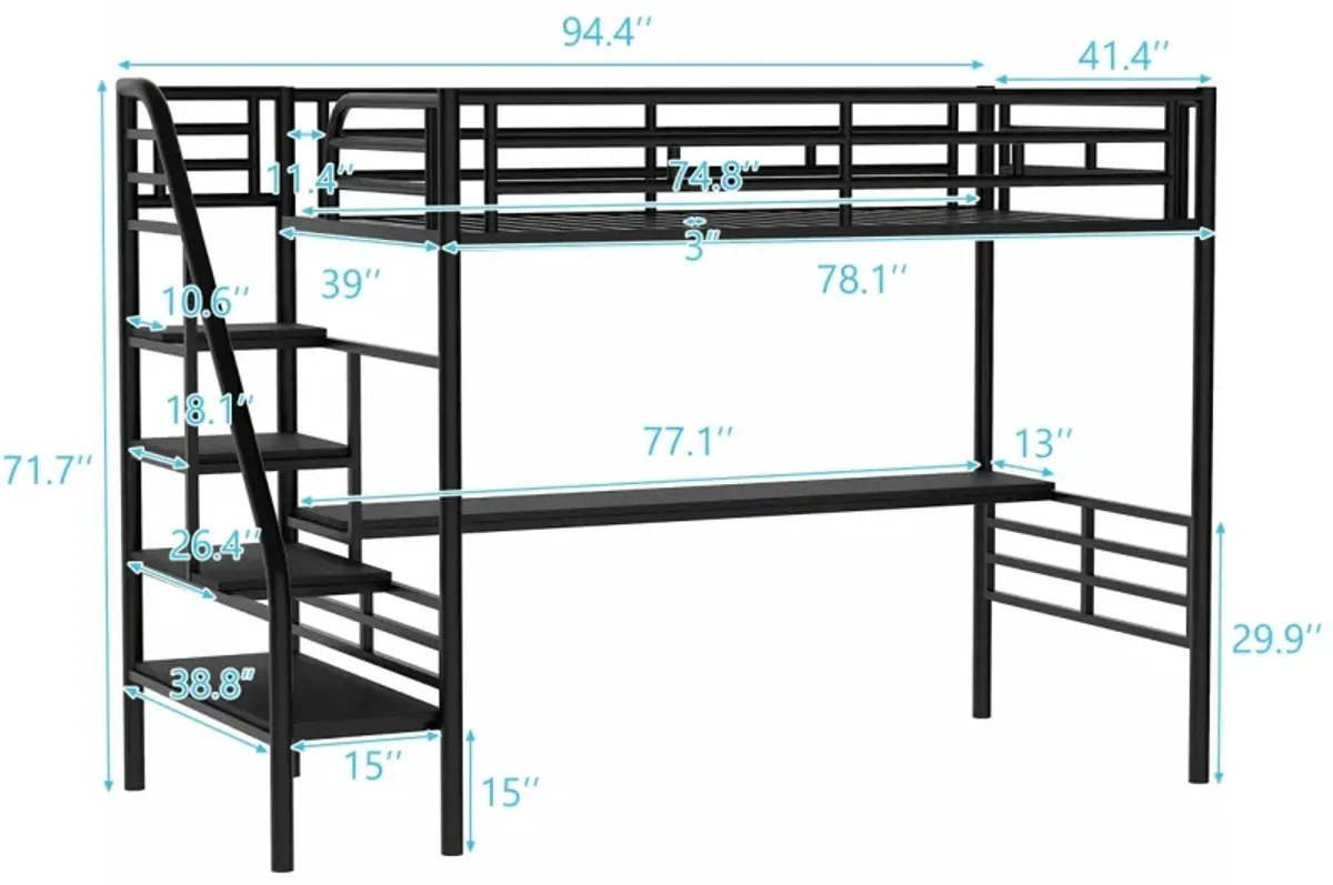 Metal Loft Bed Frame With Desk, No Box Spring Needed, Twin