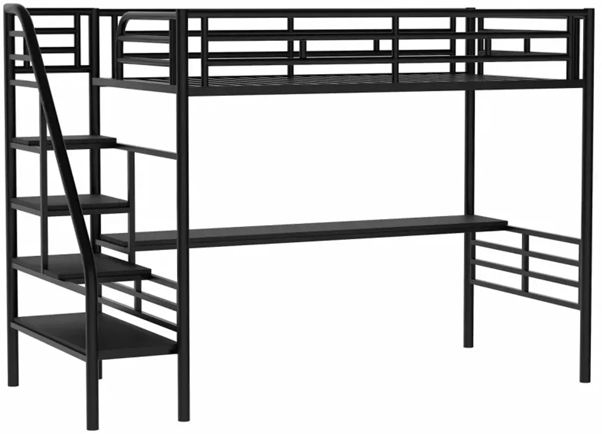 Metal Loft Bed Frame With Desk, No Box Spring Needed, Twin