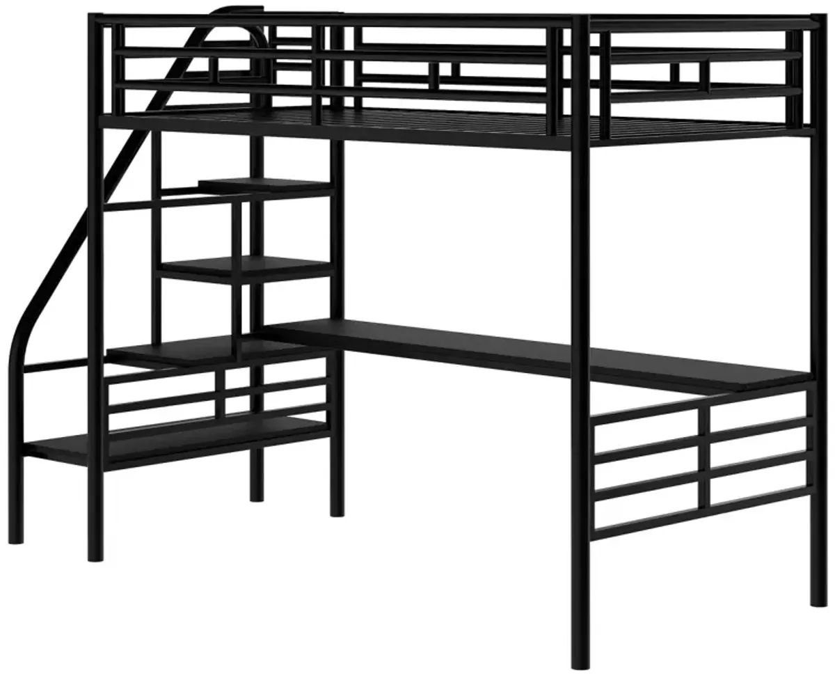 Metal Loft Bed Frame With Desk, No Box Spring Needed, Twin