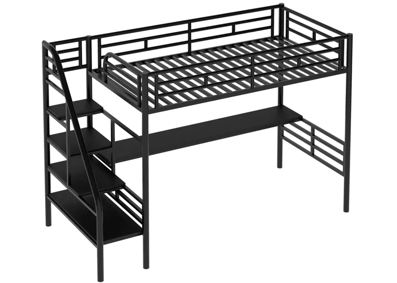 Metal Loft Bed Frame With Desk, No Box Spring Needed, Twin