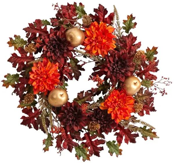 Nearly Natural 24-in Fall Dahlia, Golden Apple, Oak Leaf and Berries Autumn Artificial Wreath