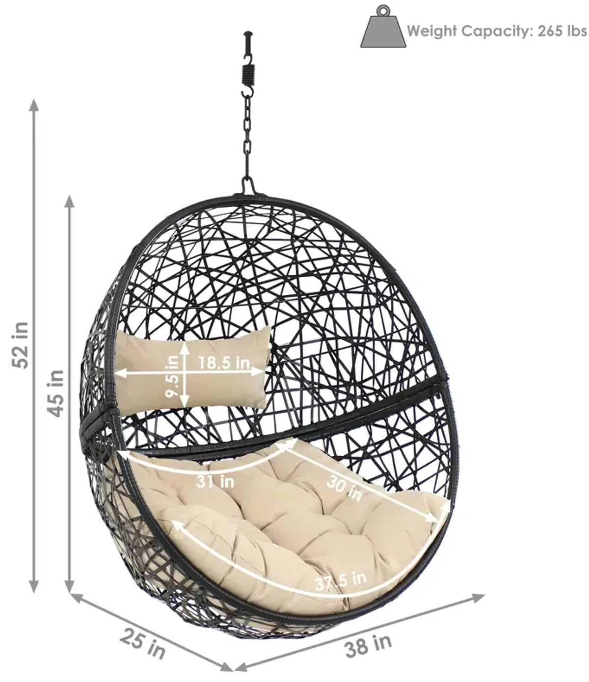 Sunnydaze Black Resin Wicker Round Hanging Egg Chair with Cushions - Yellow