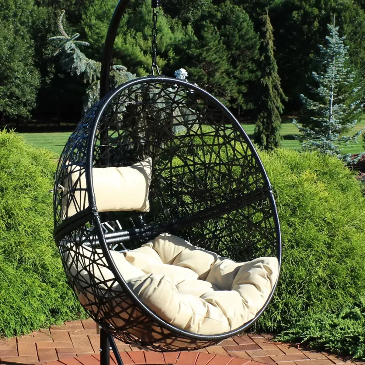 Sunnydaze Black Resin Wicker Round Hanging Egg Chair with Cushions - Yellow