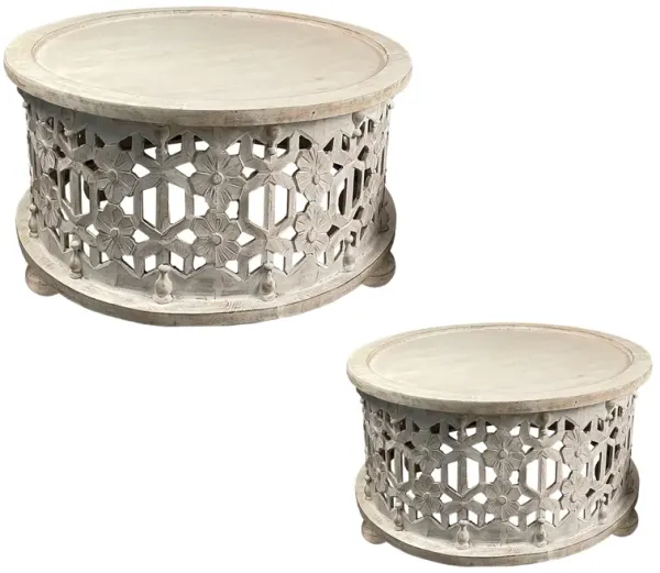 30 Inch Round 2 Piece Wood Coffee Table Set, Carved Floral Design, Antique White-Benzara