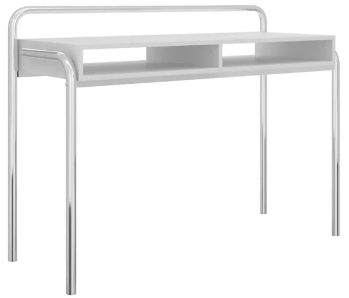 Office Desk with 2 Compartments and Tubular Metal Frame, White and Chrome-Benzara