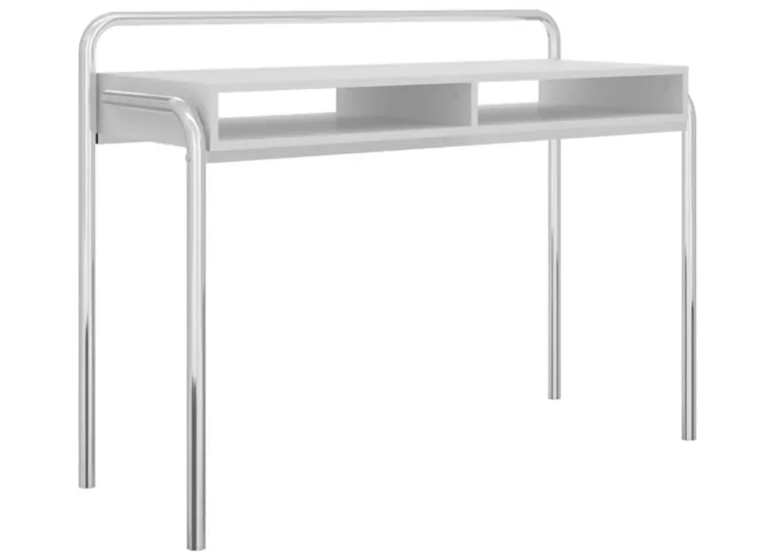 Office Desk with 2 Compartments and Tubular Metal Frame, White and Chrome-Benzara