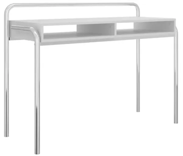 Office Desk with 2 Compartments and Tubular Metal Frame, White and Chrome-Benzara