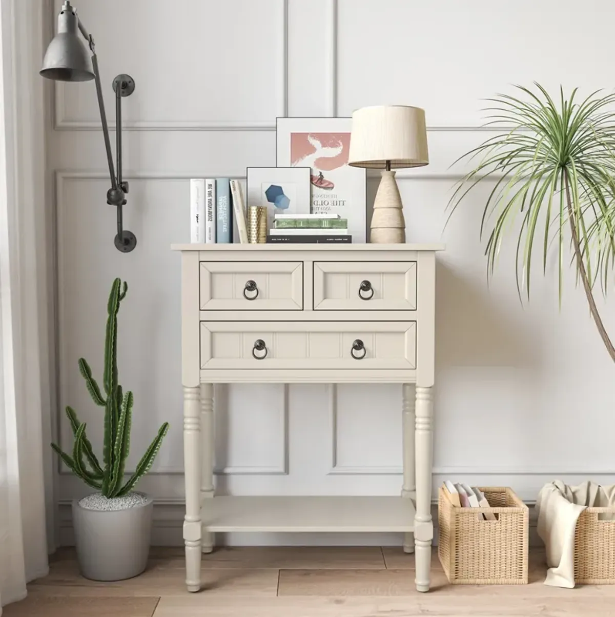 Narrow Console Table with 3 Storage Drawers and Open Bottom Shelf