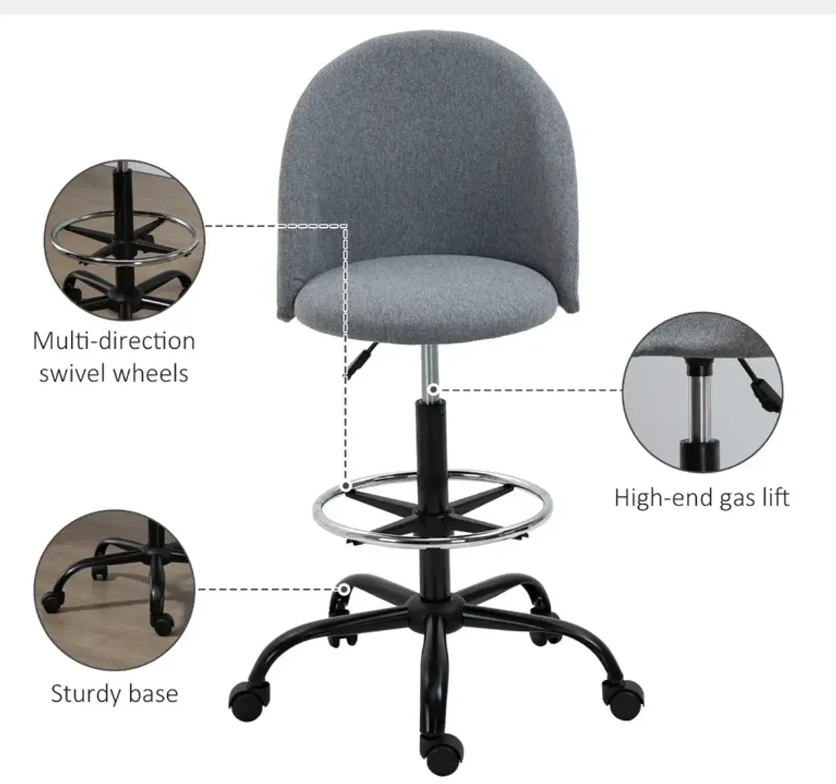 Grey Tall Task Chair: Drafting Chair with Foot Ring & Adjustable Height