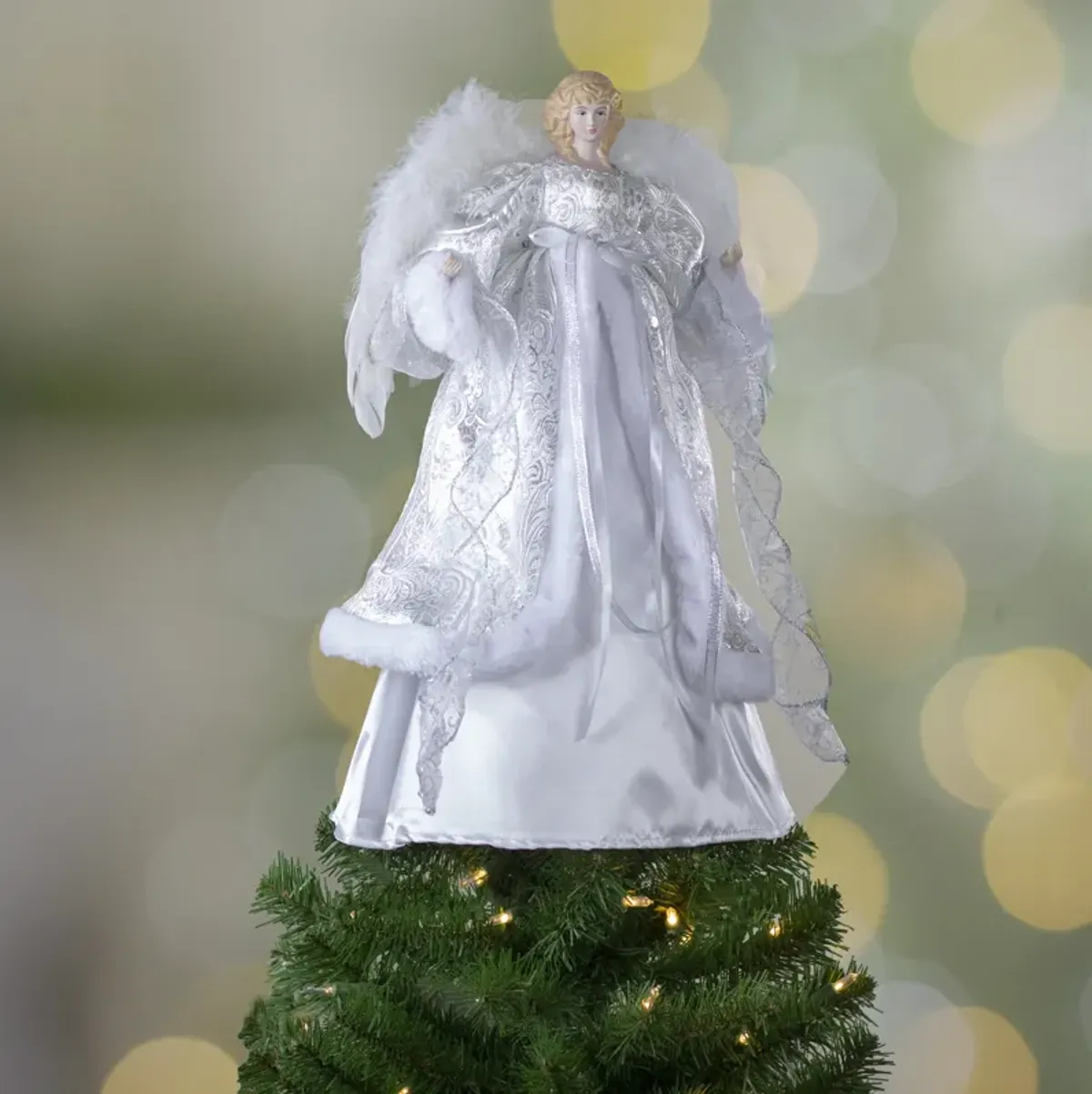 18" Lighted White and Silver Angel in a Dress Christmas Tree Topper - Warm White Lights