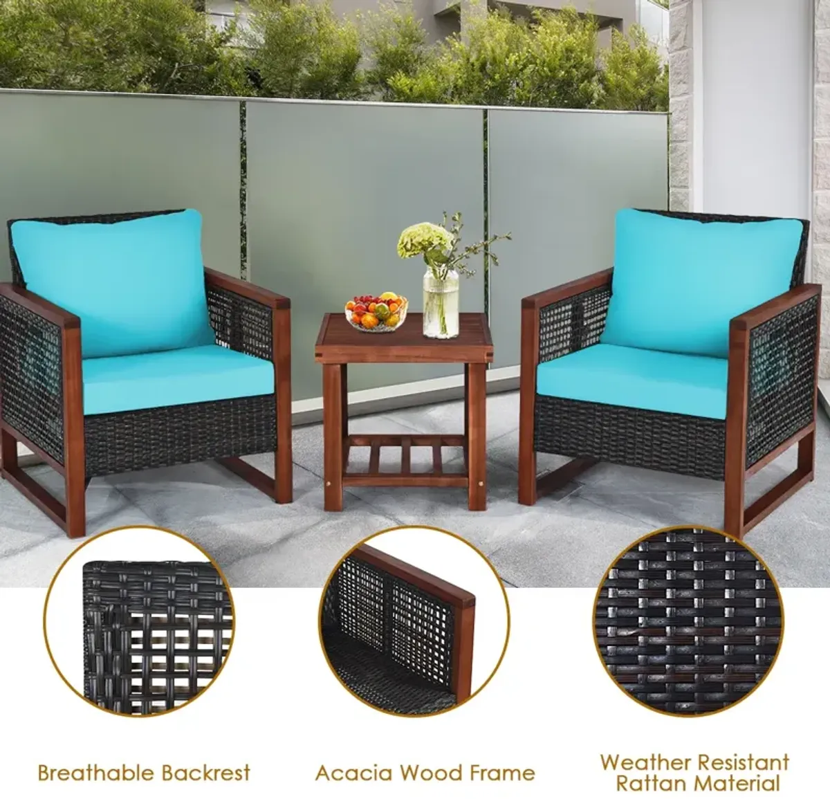 3 Pieces Patio Wicker Furniture Set with Washable Cushion and Acacia Wood Coffee Table