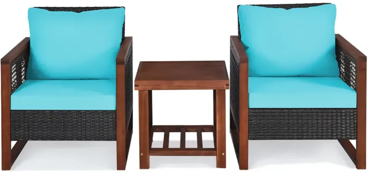 3 Pieces Patio Wicker Furniture Set with Washable Cushion and Acacia Wood Coffee Table