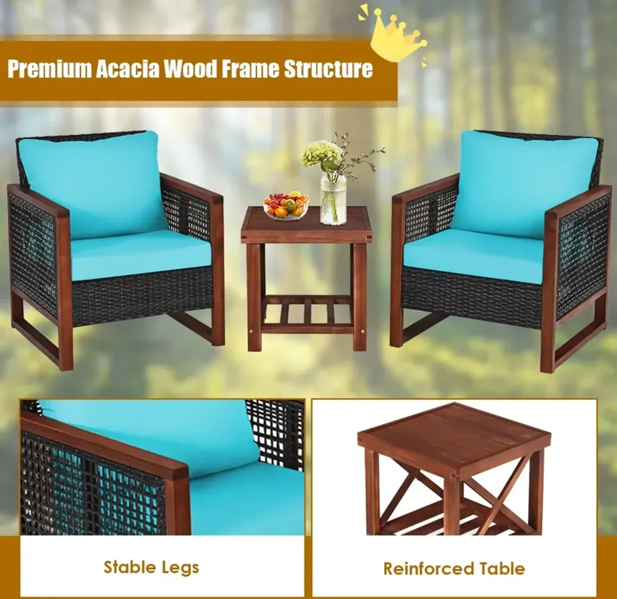 3 Pieces Patio Wicker Furniture Set with Washable Cushion and Acacia Wood Coffee Table