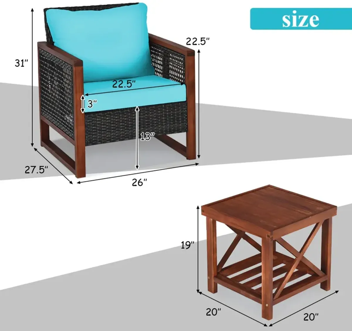 3 Pieces Patio Wicker Furniture Set with Washable Cushion and Acacia Wood Coffee Table