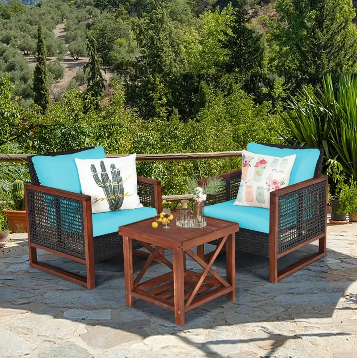 3 Pieces Patio Wicker Furniture Set with Washable Cushion and Acacia Wood Coffee Table