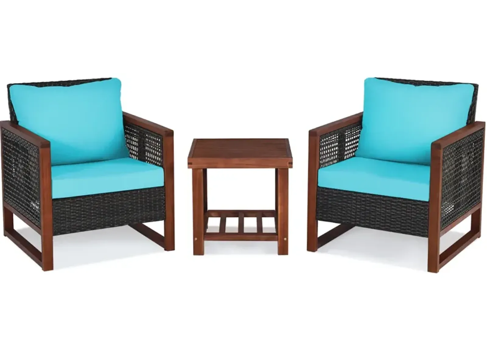 3 Pieces Patio Wicker Furniture Set with Washable Cushion and Acacia Wood Coffee Table