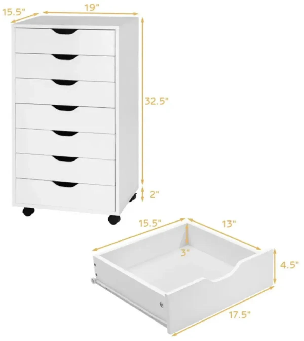 Hivvago 7-Drawer Chest Storage Dresser Floor Cabinet Organizer with Wheels-White