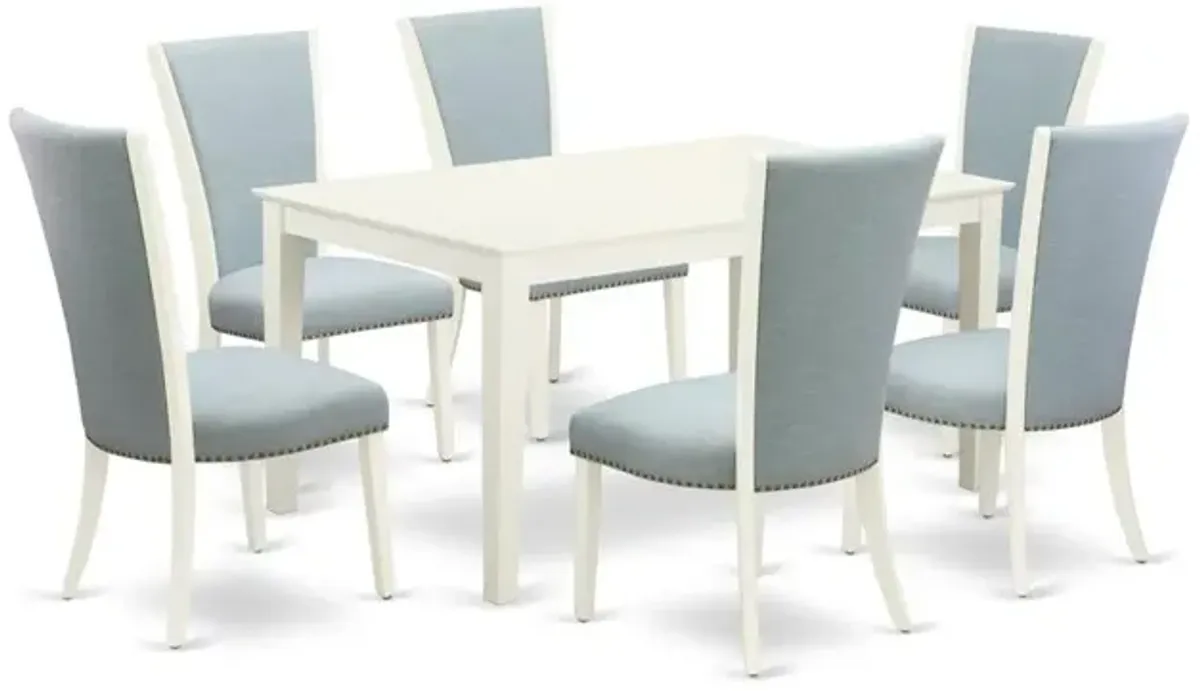 East-West Furniture CAVE7-LWH-15 - A modern dining table set of 6 wonderful parson chairs with Linen Fabric Baby Blue color and a fantastic wood table with Linen White color
