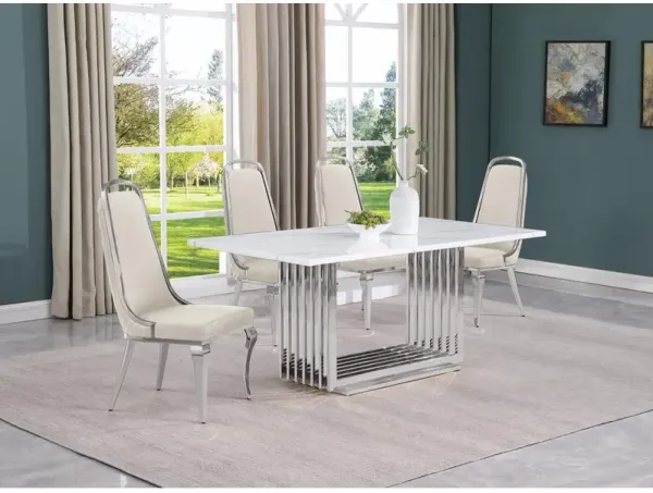 5pc Small(68") marble top dining set with silver base and 4 Cream side chairs