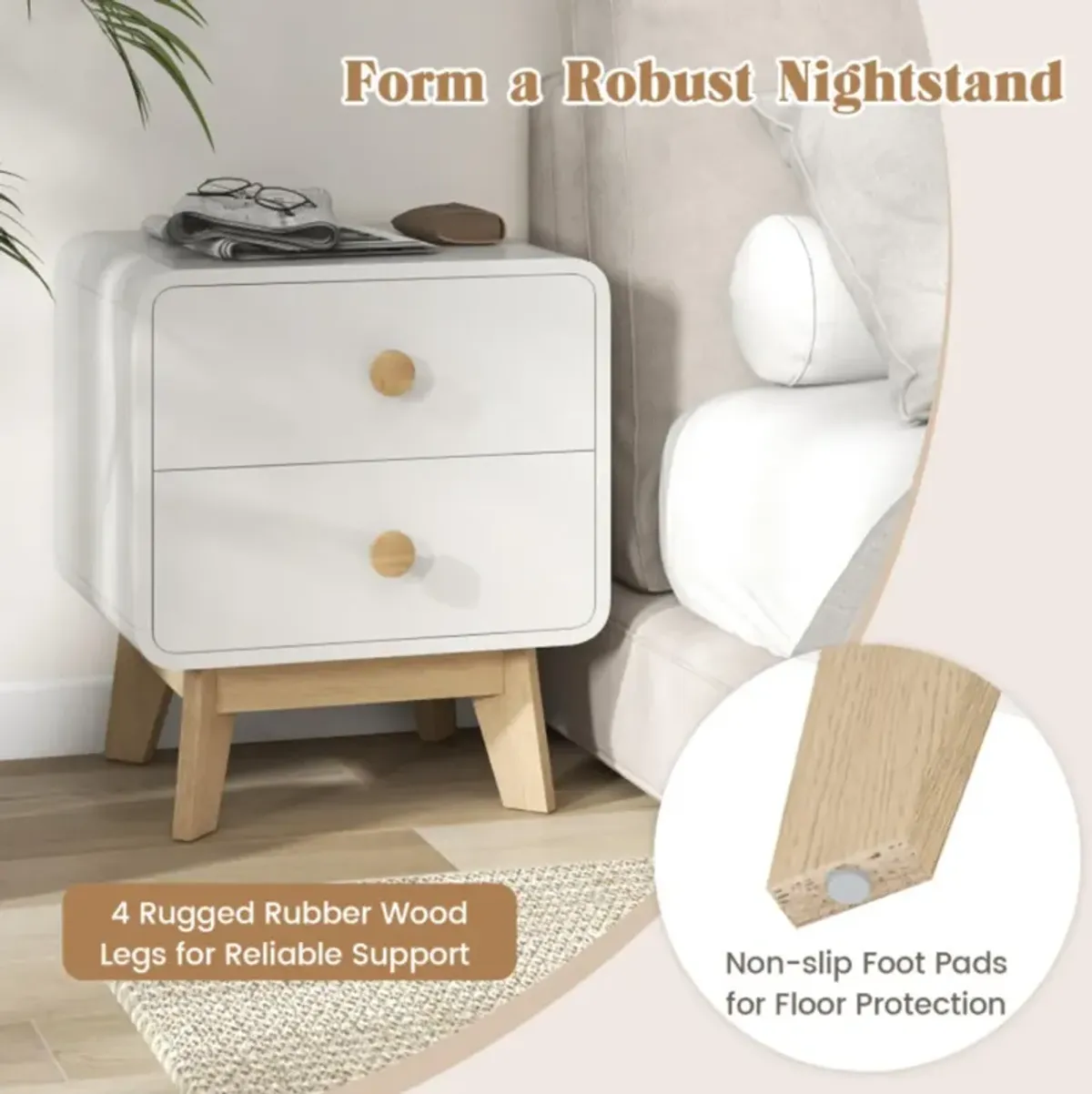 Hivvago Nightstand with 2 Drawers Solid Rubber Wood Legs