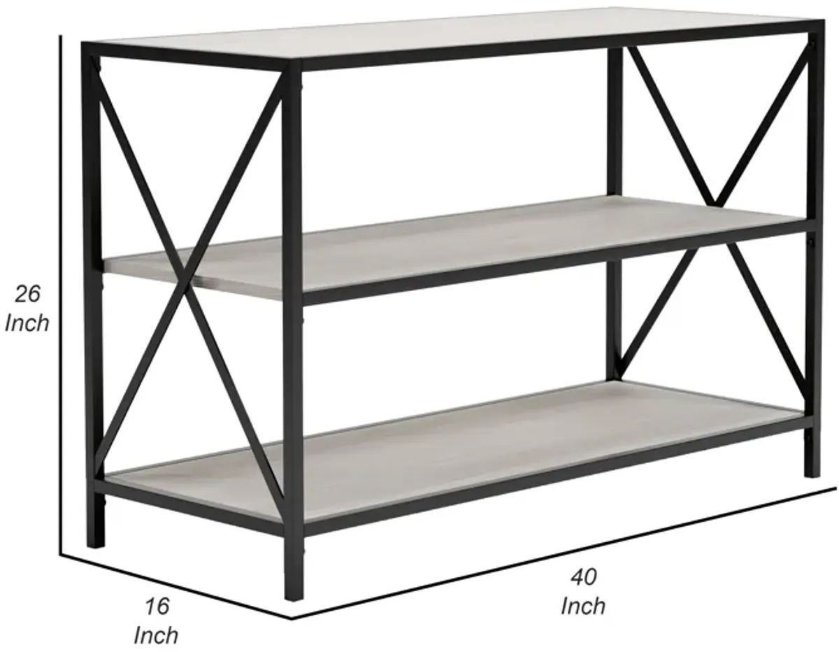 Gem 40 Inch Metal Console Sideboard Table, 3 Shelves, X Side Accents, Black, Whitewash-Benzara