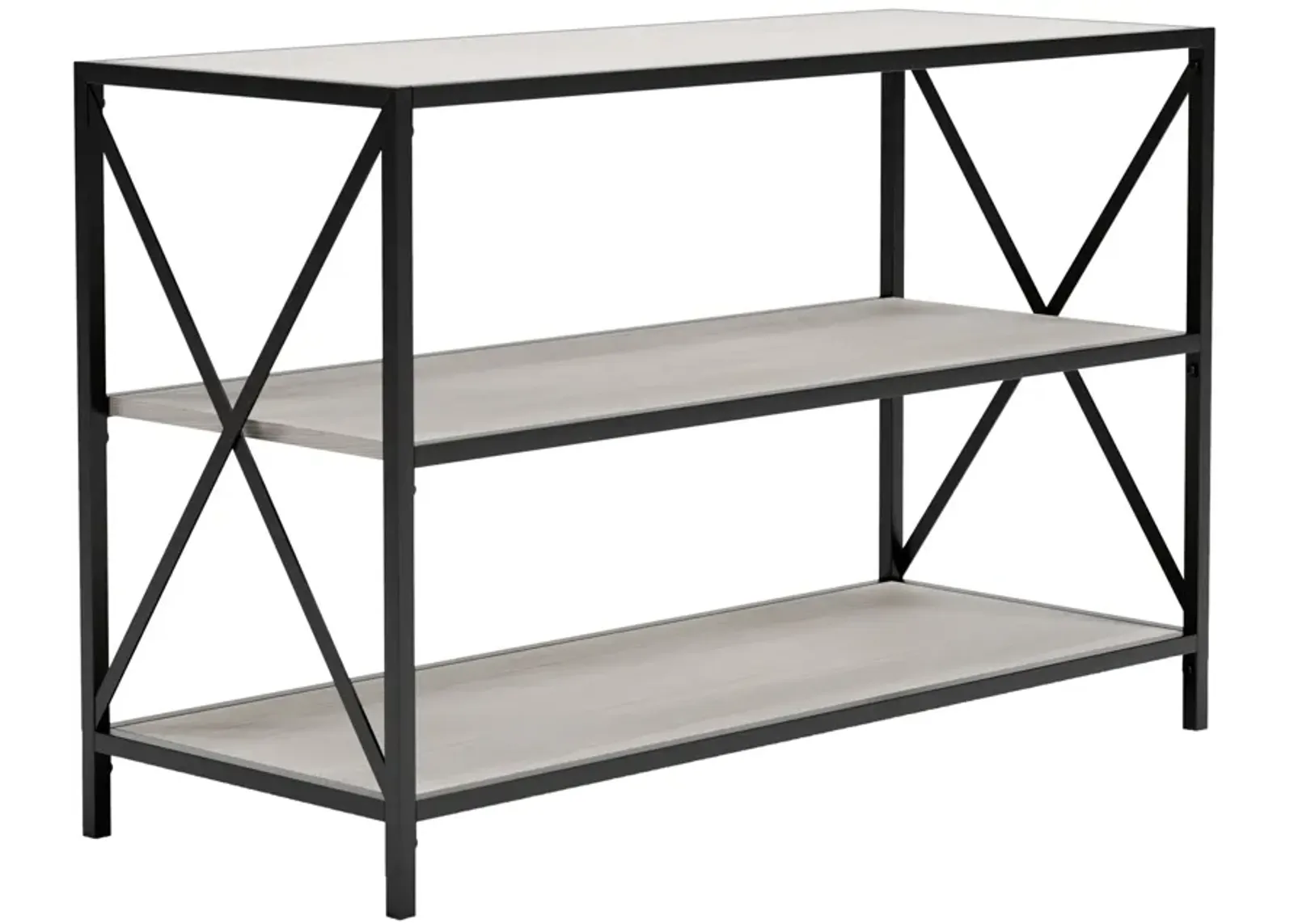 Gem 40 Inch Metal Console Sideboard Table, 3 Shelves, X Side Accents, Black, Whitewash-Benzara