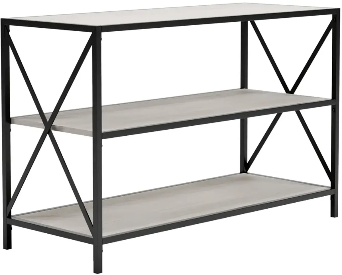 Gem 40 Inch Metal Console Sideboard Table, 3 Shelves, X Side Accents, Black, Whitewash-Benzara