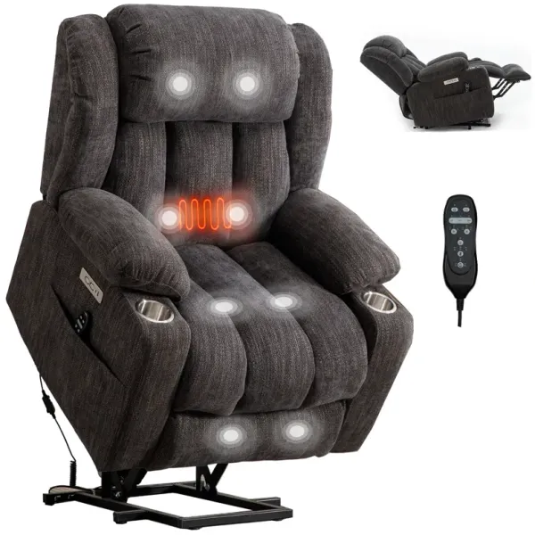 Mondawe Up to 350 LBS Chenille Power Lift Recliner Chair, Heavy Duty Motion Mechanism with 8-Point Vibration Massage and Lumbar Heating, USB and Type-C Ports, Stainless Steel Cup Holders