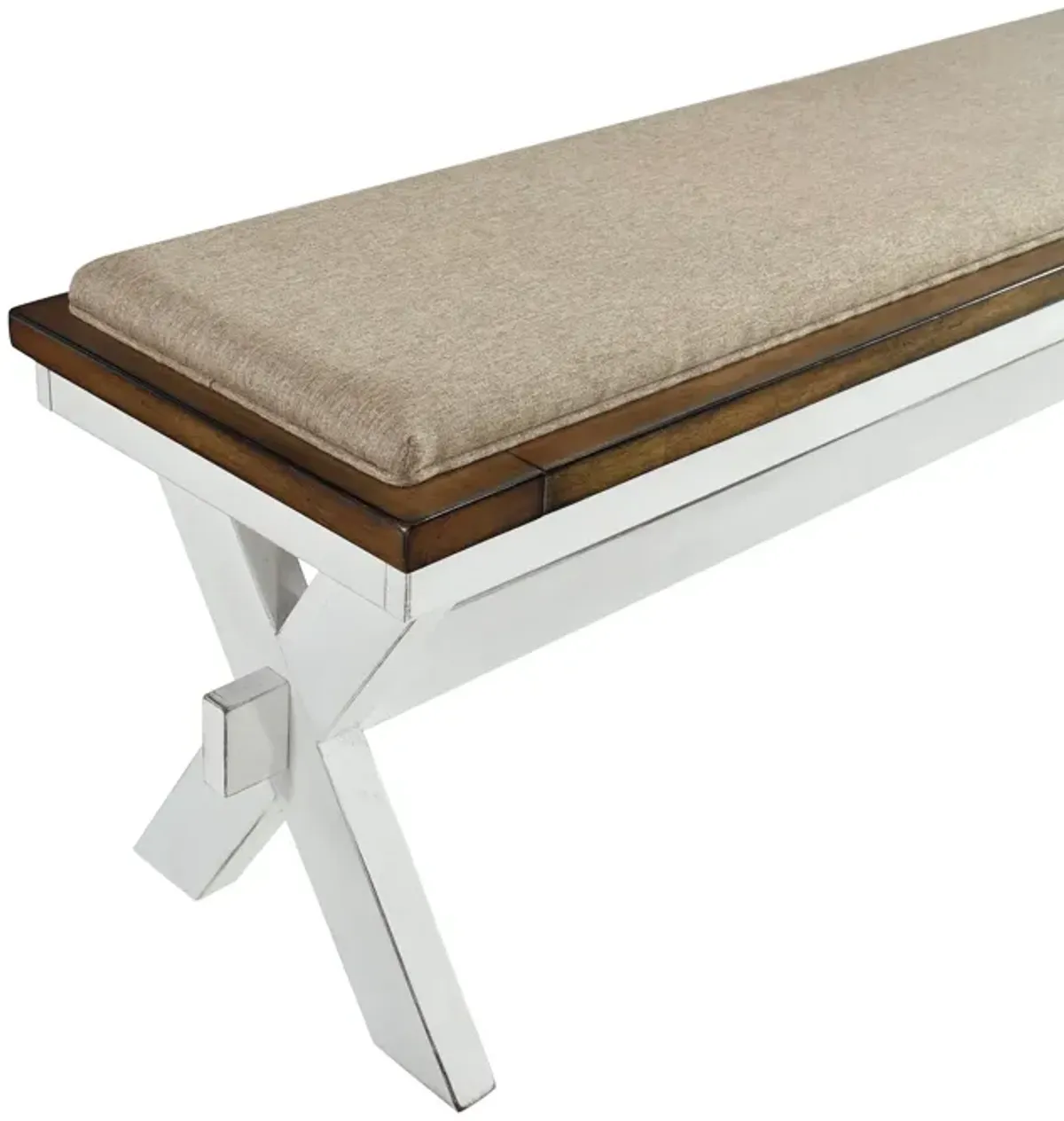 60 Inch Bench, Polyester Upholstery, Crossed Legs, Antique White Finish-Benzara