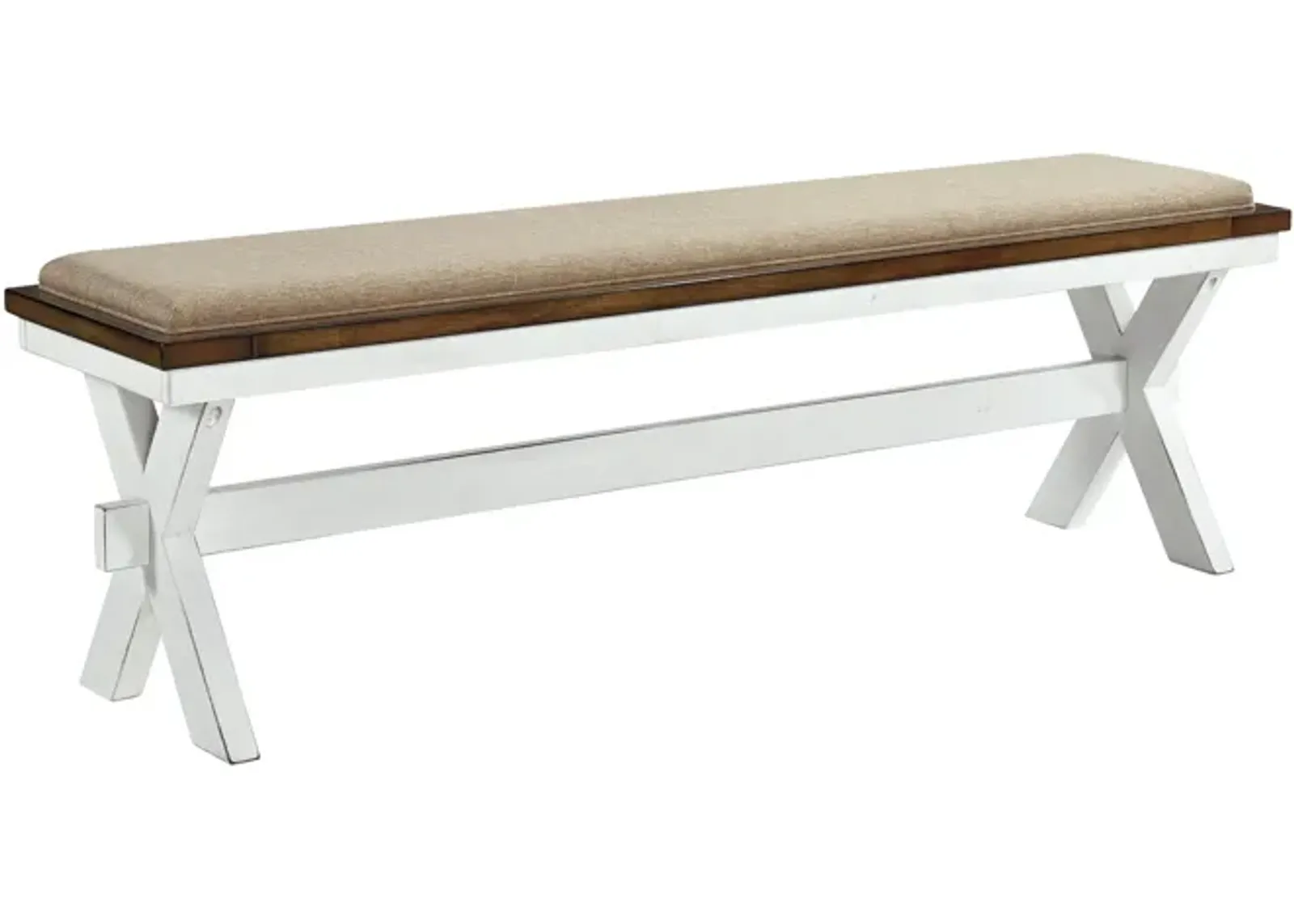 60 Inch Bench, Polyester Upholstery, Crossed Legs, Antique White Finish-Benzara